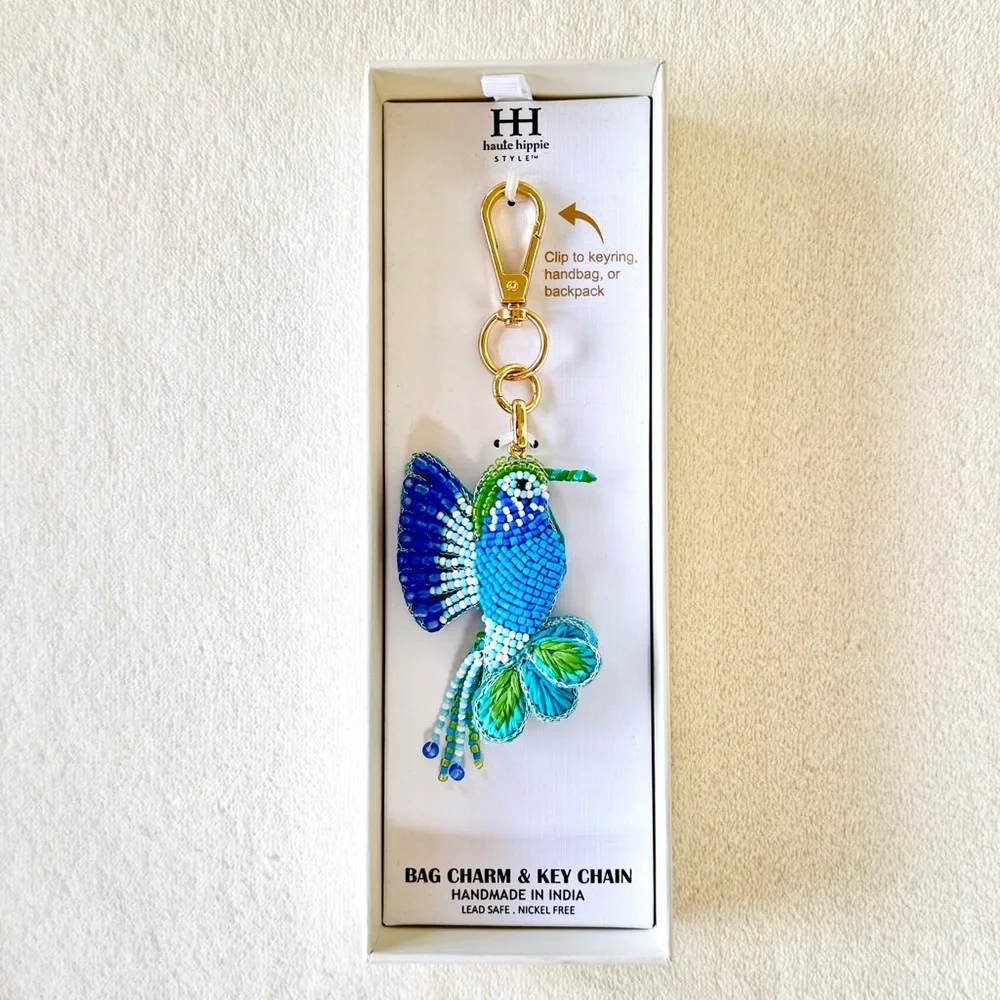 Haute Hippie Blue & Green Beaded Hummingbird Key Chain / Bag Charm